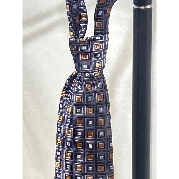 Robert Talbots Navy Blue Orange Geometric Square Pattern Silk Mens Tie